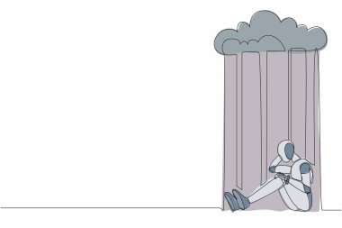 Sürekli bir çizgi çizen robot üzgün ve bunalımda yağmur ve bulut altında oturuyor. İnsansı robot sibernetik organizma. Geleceğin robotik gelişimi. Tek çizgi çizimi tasarım vektör çizimi