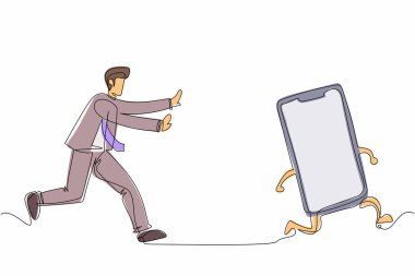 Sürekli bir çizgi halinde iş adamı akıllı telefonu yakalamaya çalışıyor. Konuşma kavramı, iletişim, teknoloji, konuşma. İş metaforu. Tek çizgi tasarım vektör grafik çizimi