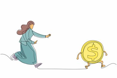 Tek sıra halinde iş kadını peşinde koşar yüksek performanslı çekici para yakalamaya çalışır. Yüksek performanslı aktif yatırım fonu kovalıyorum. Bir çizgi grafik tasarım vektör çizimi