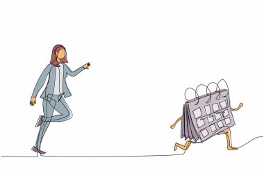 Tek sıra halinde iş kadını takvime yetişmeye çalışıyor. Müdürün işi son teslim tarihleri var. Zamanımız azalıyor. İş metaforu. Devamlı çizgi çizimi tasarım vektörü illüstrasyonu