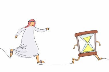 Tek sıra halinde, Arap işadamı kum saati kovalıyor. Ofis çalışanı işi bitirmek için koşar. Zaman yönetimi. İş metaforu. Aralıksız çizgi çizimi tasarım grafik vektör çizimi