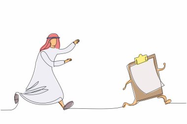 Arap işadamının pano kovalamasını sağlayan tek sıra. Evrak işleri, dosyalama listesi. Arap yönetici belgeyi imzalıyor. İş metaforu. Bir çizgi çizimi grafik tasarım vektör çizimi