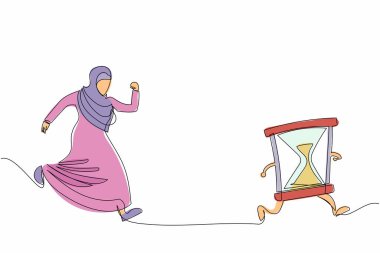 Kum saati kovalayan Arap iş kadınını sürekli çeken bir çizgi. Zaman yönetimi ve iş bitirme projesi. Bitiş tarihi kavramı, bitirme işi. Tek çizgi çizimi tasarım vektörü grafik çizimi