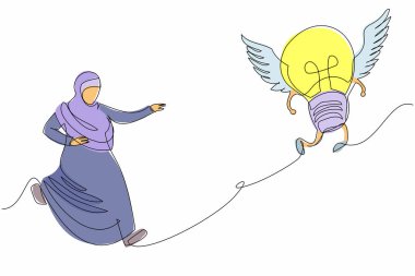 Arap iş kadınlarının uçan ampulü kovaladığı bir çizgi devam ediyor. Yeni iş fikirleri için yenilik ve icat. Yaratıcılık projesi aranıyor. Tek çizgi tasarım vektör grafik çizimi
