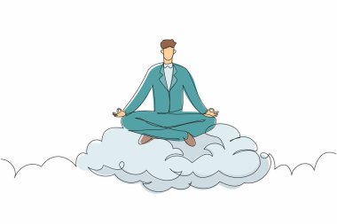 Genç işadamının çizdiği tek çizgi bulutların üzerindeki lotus pozisyonunda rahatlar ve meditasyon yapar. Huzurlu bir adam yoga ya da meditasyon pozuyla rahatlıyor. Aralıksız çizgi çizimi tasarım grafik vektör çizimi