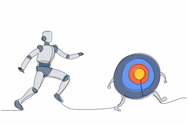 Devamlı tek sıra halinde robot kovalamacası hedefini takip ediyor. Doğruluk ve hassasiyet işi. İnsansı robot sibernetik organizma. Geleceğin robotik gelişimi. Tek çizgi tasarım vektör çizimi