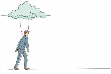 Yağmur bulutları altında yürüyen mutsuz iş adamının çizdiği tek bir çizgi. Yalnız ezik, üzgün erkek bunalımı. Bulutlu havada yalnızlık. Aralıksız çizgi çizimi tasarım grafik vektör çizimi