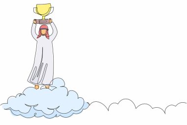 Aralıksız bir çizgi halinde Arap işadamı elinde bir kupa tutuyor. Ofis çalışanı gökyüzündeki zaferi kutluyor. İş başarısı hedefi. Tek çizgi çizimi tasarım vektörü grafik çizimi