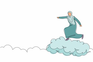 Başarılı Arap iş kadınlarını bulutlara çeken ve ileriye bakan tek hat. Arap bayan menajer geleceğe gider, başarı yoluna. Bir çizgi çizimi grafik tasarım vektör çizimi