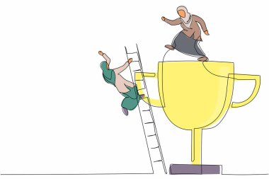 Sürekli olarak, açgözlü Arap iş kadınının rakibini tekmeleyip merdivenden düşmesini sağlayan bir çizgi. Hile yapan rakip metaforu. Tek çizgi tasarım vektör grafik çizimi