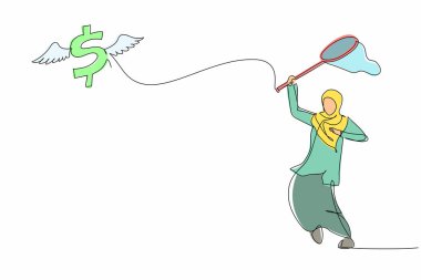 Arap iş kadınlarının çizdiği tek sıra kelebek ağıyla uçan dolar sembolünü yakalamaya çalışıyor. Dolar enflasyonu fiyatların yükselmesine neden olur. Bir çizgi çizimi grafik tasarım vektör çizimi