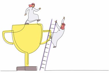 Rakibini başarı kupasından düşürmek için sürekli tekmeleyen tek bir Arap işadamı çizgisi. Minimalizm benzetmesi. Bir çizgi çizimi grafik tasarım vektör çizimi