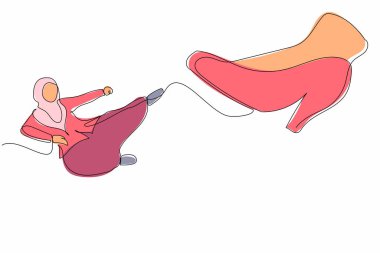 Etkin bir Arap iş kadınını çeken tek sıra dev ayak vuruşları. Kadın çalışan yüksek topuklulara uçan tekme atıyor. Minimum metafor. Aralıksız çizgi çizimi tasarım grafik vektör çizimi