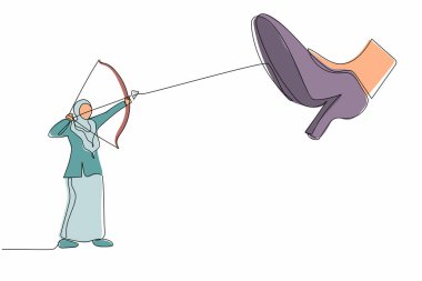 Devasa ayak seslerine karşı yay doğrultan aktif bir Arap iş kadınını çeken tek sıra. Kadın okçuluğu dev ayak basamaklarına karşı. Minimalizm benzetmesi. Bir çizgi çizimi tasarım vektörü illüstrasyonu