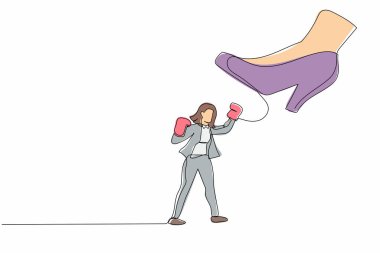 Tek sıra halinde, etkin bir iş kadınını koca ayak altında aparkatı yumruklamaya çekiyor. Yönetici otoriter ya da öfkeli patrona karşı. Minimalizm benzetmesi. Bir çizgi çizimi tasarım vektörü illüstrasyonu