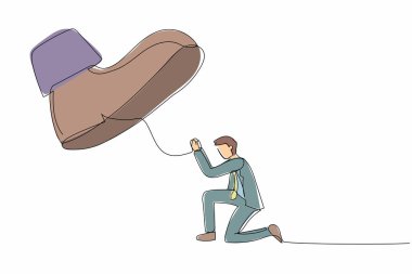 Devamlı bir çizgi halinde işadamı diz çöktürüyor. Erkek yönetici zorbalık altında, diktatörlük altında, otoriter. Minimum metafor konsepti. Tek çizgi tasarım vektör grafik çizimi