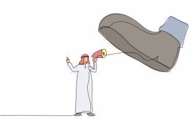 Devamlı tek sıra halinde, dev ayakkabının altında megafonla konuşan etkin bir Arap işadamını çekiyor. Çaylak iş adamını eziyor. Minimalizm benzetmesi. Bir çizgi çizimi grafik tasarım vektör çizimi