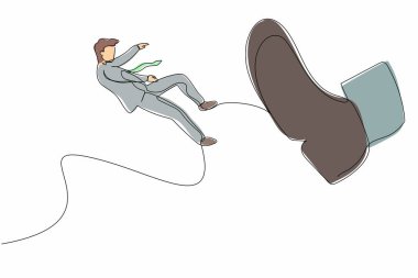 Tek sıra halinde iş adamı koca ayak küçük adamları tekmeliyor. İflas, iflaslar. Koca ayak tarafından kovulan erkek işçi işsiz kalıyor. Bir çizgi grafik tasarım vektör çizimi