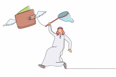 Tek sıra halinde, Arap işadamı kelebek ağıyla uçan cüzdan yakalamaya çalışıyor. Atıştırmalık para yolda kayboldu. İş metaforu. Bir çizgi çizimi grafik tasarım vektör çizimi