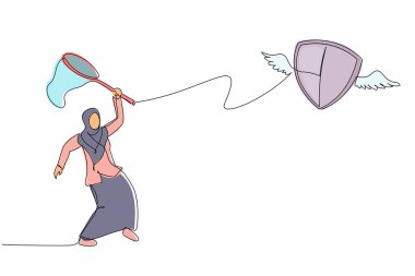 Arap iş kadını kelebek ağıyla uçan kalkanı yakalamaya çalışıyor. Aşı yapılmadığı için vücut koruma kaybı. Aralıksız çizgi çizimi tasarım grafik vektör çizimi