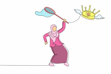 Güzel Arap iş kadını kelebek ağıyla uçan tacı yakalamaya çalışıyor. Bir Arap ülkesinin kraliyet unvanını kaybetmek. Bir çizgi çizimi grafik tasarım vektör çizimi