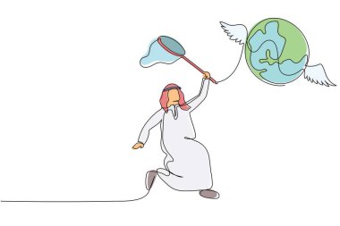 Sürekli bir çizgi halinde Arap işadamı kelebek ağıyla uçan dünyayı yakalamaya çalışıyor. Salgın yüzünden dünyayı dolaşmakta başarısız oldu. Tek çizgi çizimi tasarım vektörü grafik çizimi