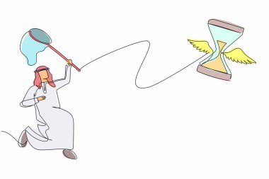 Tek sıra halinde, Arap işadamı kelebek ağıyla uçan kum saatini yakalamaya çalışıyor. Proje hedefleri yerine getirilemedi. İş metaforu. Bir çizgi çizimi tasarım vektörü illüstrasyonu