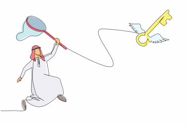 Arap işadamı kelebek ağıyla uçan anahtarı yakalamaya çalışırken sürekli bir çizgi çiziyor. Kariyerimde başarımın anahtarını kaybettim. İş metaforu. Tek çizgi çizimi tasarım vektörü grafik çizimi
