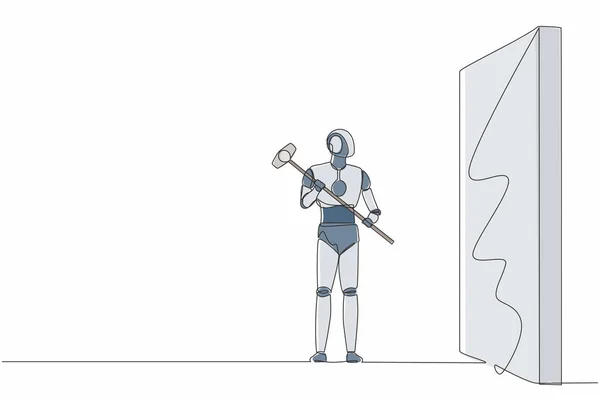 连续的单线绘图机器人面对着墙壁站着拿着大锤 人形机器人控制论生物 未来机器人的发展 单行绘图设计矢量图形说明 — 图库矢量图片