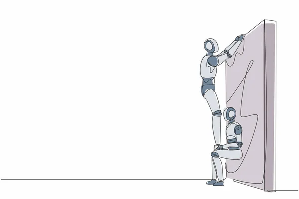 Robô Desenho Uma Única Linha Ajudando Levantar Outro Robô Sobre — Vetor de Stock