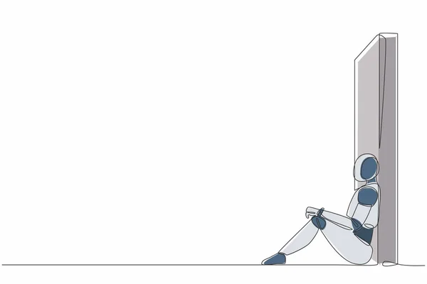 单直线绘图机器人坐在地板上 靠在墙上 机器人的人工智能 电子技术 单行平面设计矢量插图 — 图库矢量图片