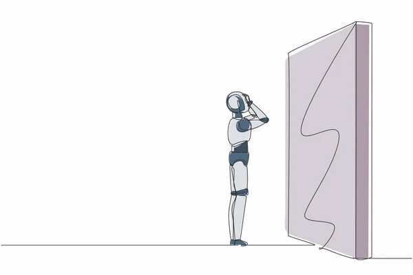 Satu Baris Robot Menggambar Berdiri Dan Bingung Depan Dinding Batu - Stok Vektor
