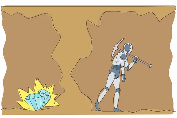 单直线绘制机器人放弃挖掘不知道钻石几乎暴露 机器人的人工智能 电子技术工业 单行绘图设计矢量图解 — 图库矢量图片