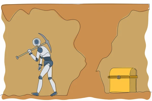 Непрерывная Одна Линия Рисования Робот Отказывается Копать Зная Сундук Сокровищами — стоковый вектор
