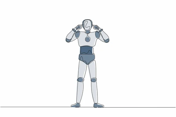 Jedna Čára Kreslí Robota Zakrývajícího Uši Prsty Otráveným Výrazem Pro — Stockový vektor