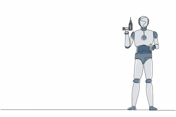 Nepřetržitá Jedna Čára Kreslení Robot Pracovník Drží Elektrický Vrtačka Nástroj — Stockový vektor
