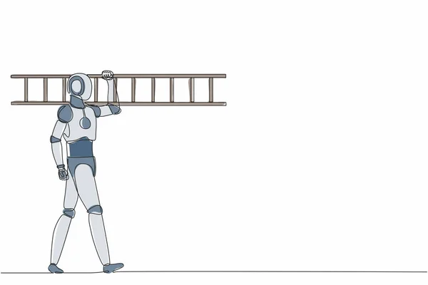 单直线牵引机器人修理工带着梯子行走 翻新的家 机器人的人工智能 电子技术工业 单行绘图图形设计矢量插图 — 图库矢量图片