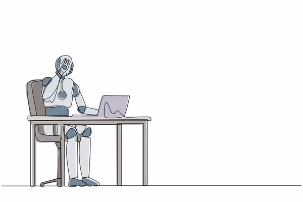 ラップトップでの連続的な1行の描画ロボットの仕事は悪い 疲れを感じる ヒト型ロボットのサイバネティック生物 将来のロボット開発 1本の線画ベクトルグラフィックイラスト — ストックベクタ