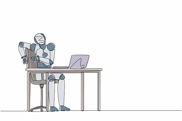 ラップトップコンピュータの画面を見て怖いロボットを描く一本の連続線画 現代のロボット人工知能 電子技術産業 グラフィックデザインベクトル図を描く1行 — ストックベクタ