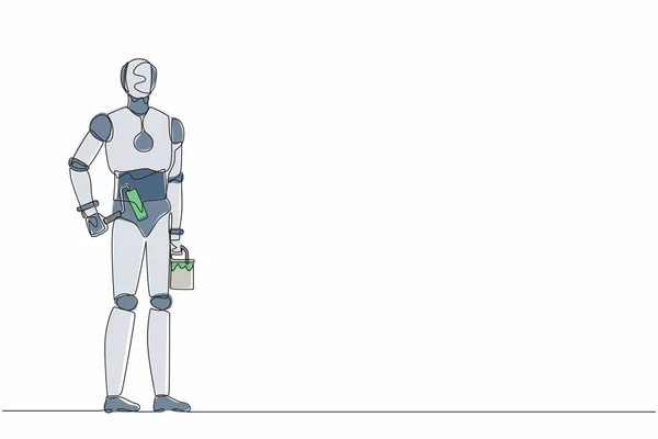 Robot Dessin Ligne Continue Simple Tient Rouleau Avec Peinture Seau — Image vectorielle