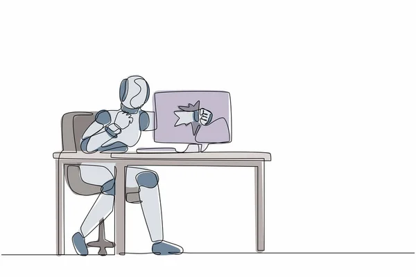 Una Sola Línea Dibujando Robot Enojado Rompe Computadora Portátil Golpeándolo — Vector de stock