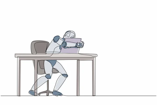 1本の連続線画ロボットがオフィスに座り ノートパソコンを抱えています 現代のロボット人工知能 電子技術産業 ダイナミックワンライングラフィックデザインベクトルイラスト — ストックベクタ
