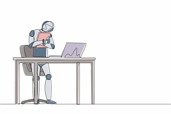 オフィスでロボットスタンドと巨大なラップトップを連続1ライン描画します ヒト型ロボットのサイバネティック生物 将来のロボット開発の概念 1本の線画ベクトルグラフィックイラスト — ストックベクタ