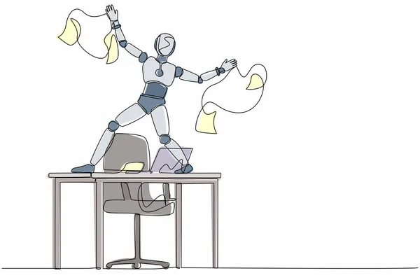 Una Sola Línea Dibujando Feliz Robot Bailando Escritorio Celebrando Ganar — Vector de stock