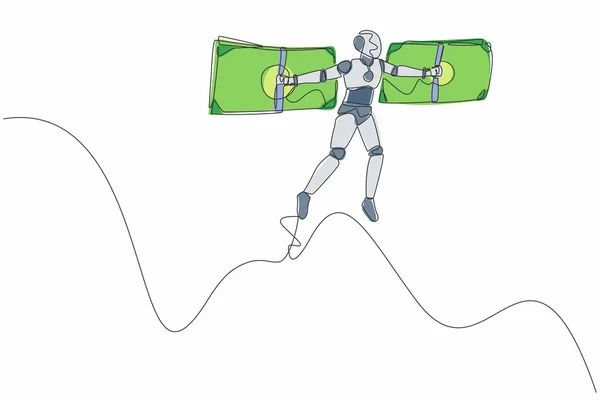 Robot Dessin Une Seule Ligne Volant Sur Des Ailes Argent — Image vectorielle