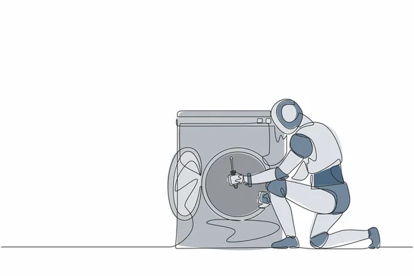 Única Linha Desenho Robô Reparador Fixando Máquina Lavar Roupa Casa —  Vetores de Stock