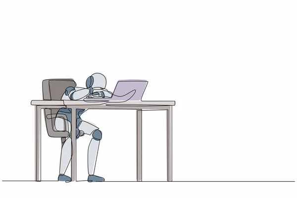 片手で頭を抱えながらオフィスにタントラを投げる一本の線画ロボット 将来の技術開発 人工知能機械学習 連続線設計ベクトル図 — ストックベクタ