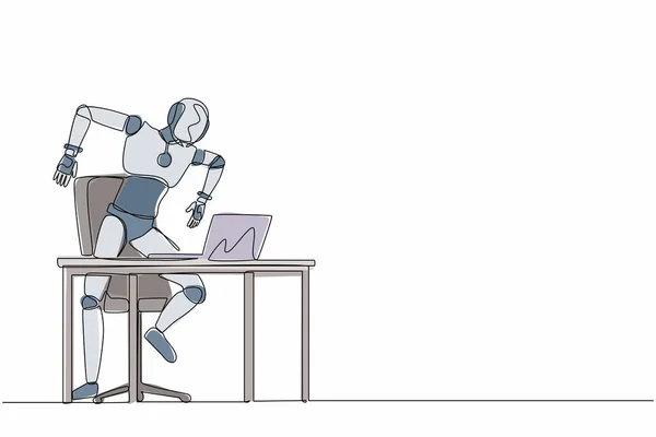 作業机の上にフラストレーションのあるロボットがノートパソコンを叫んでいる 将来の技術開発 人工知能機械学習 連続線設計ベクトル図 — ストックベクタ