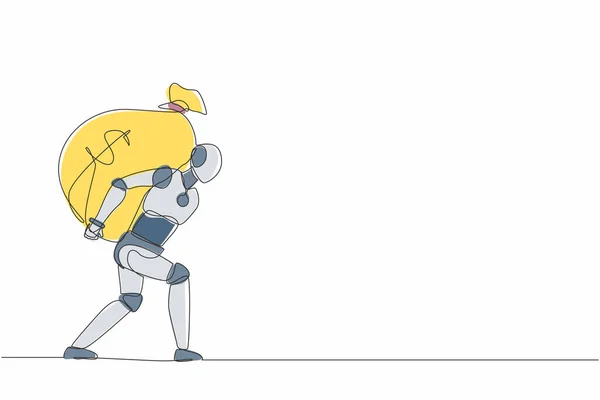 彼の背中に大きく重いお金の袋を運ぶ連続1行の描画ロボット ヒト型ロボットのサイバネティック生物 将来のロボット開発 1本の線画ベクトルグラフィックイラスト — ストックベクタ