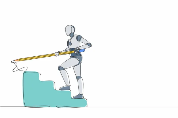 连续一行画机器人用巨大的铅笔画楼梯 人形机器人控制论生物 未来机器人发展的概念 单行绘图设计矢量图形说明 — 图库矢量图片